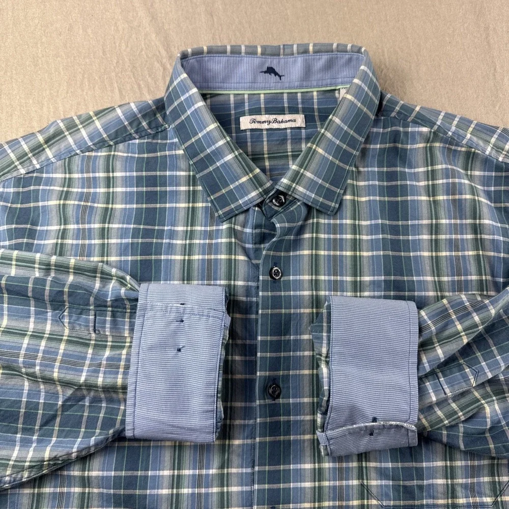 Tommy Bahama Silk Blend Shirt Mens 2XLB Blue Plaid Long Sleeve Button Up Preppy